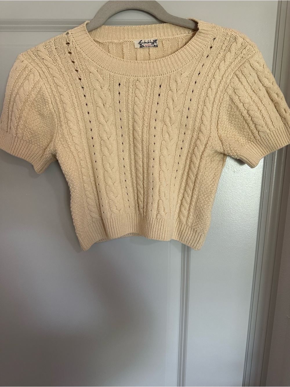 Cable Knit Short-Sleeve Sweater Crop Top - Cream